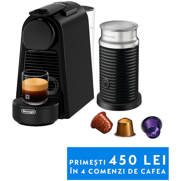 Pachet Espressor Nespresso De'Longhi Essenza Mini Black, 19 bari, 1260 W, 0.6 l + Aparat pentru spumare lapte AEROCCINO 3 Black 410W, set capsule degustare inclus