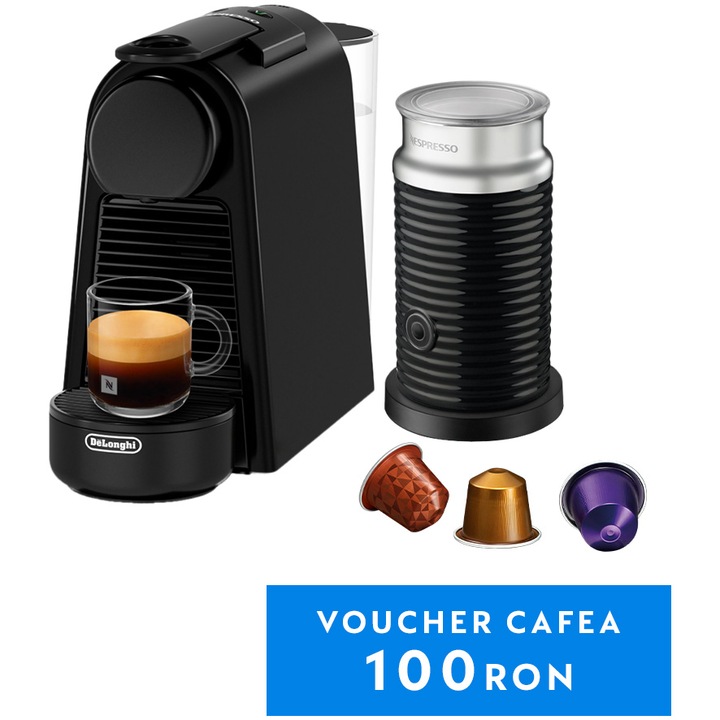 Pachet Espressor Nespresso De'Longhi Essenza Mini Black, 19 bari, 1260 W, 0.6 l + Aparat pentru spumare lapte AEROCCINO 3 Black 410W, set capsule degustare inclus