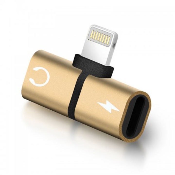 Splitter 2in1 adapter fejhallgatóhoz, Jack és Lightning csatlakozóval, Gold