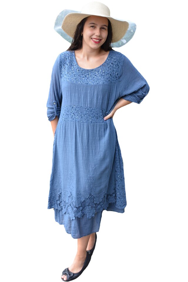 Rochie vaporoasa Laura cu insertii de dantela si paiete,D&J Exclussive, Albastru