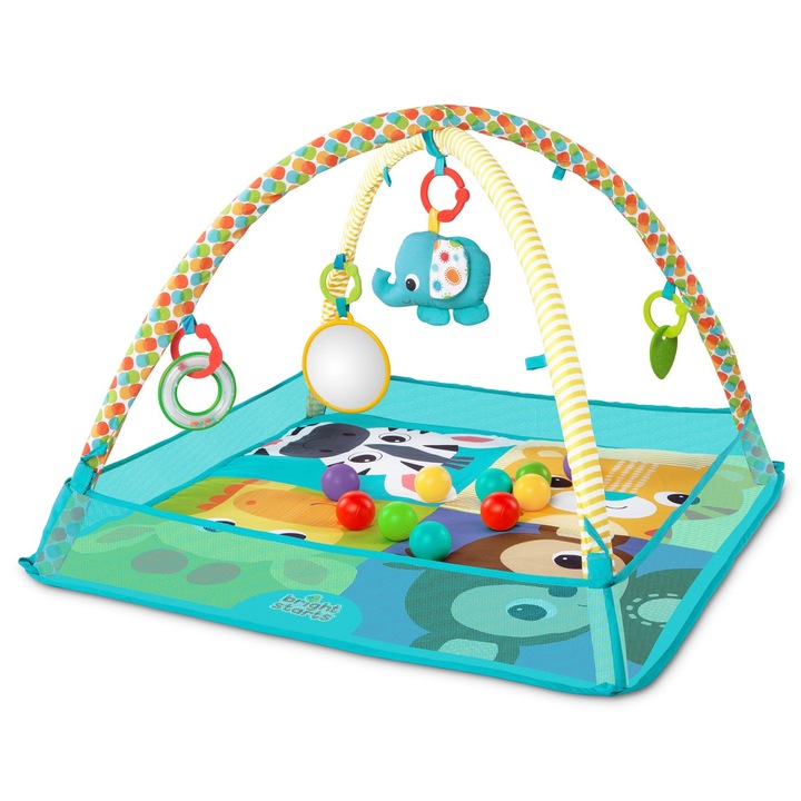 Centru de activitati tip covoras Educational cu 10 bile colorate idealStore Bubble Splash Time, Dimensiuni 76.0 x 76.0 x 46.0 cm, Echipat cu accesorii simbolice, Pereti rabatabili pentru a-l putea transforma intr-un loc de joaca, Albastru deschis