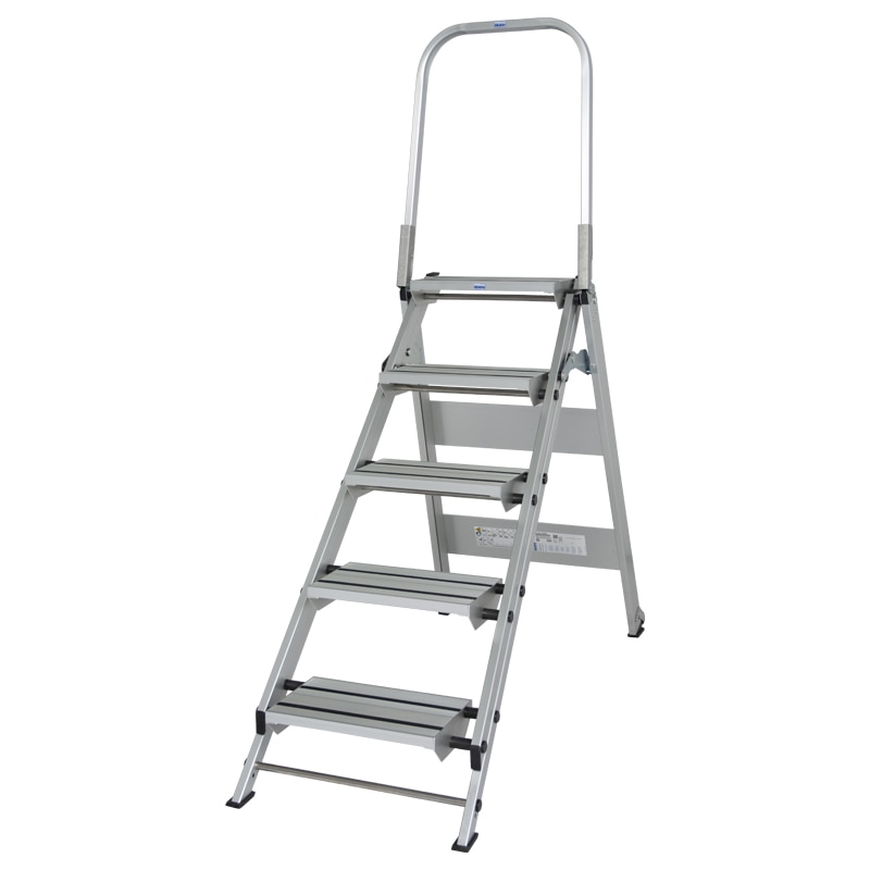 Scara pliabila cu trepte late si balustrada, Krause, STABILO, 5 trepte, inaltime de lucru max. 3.00m