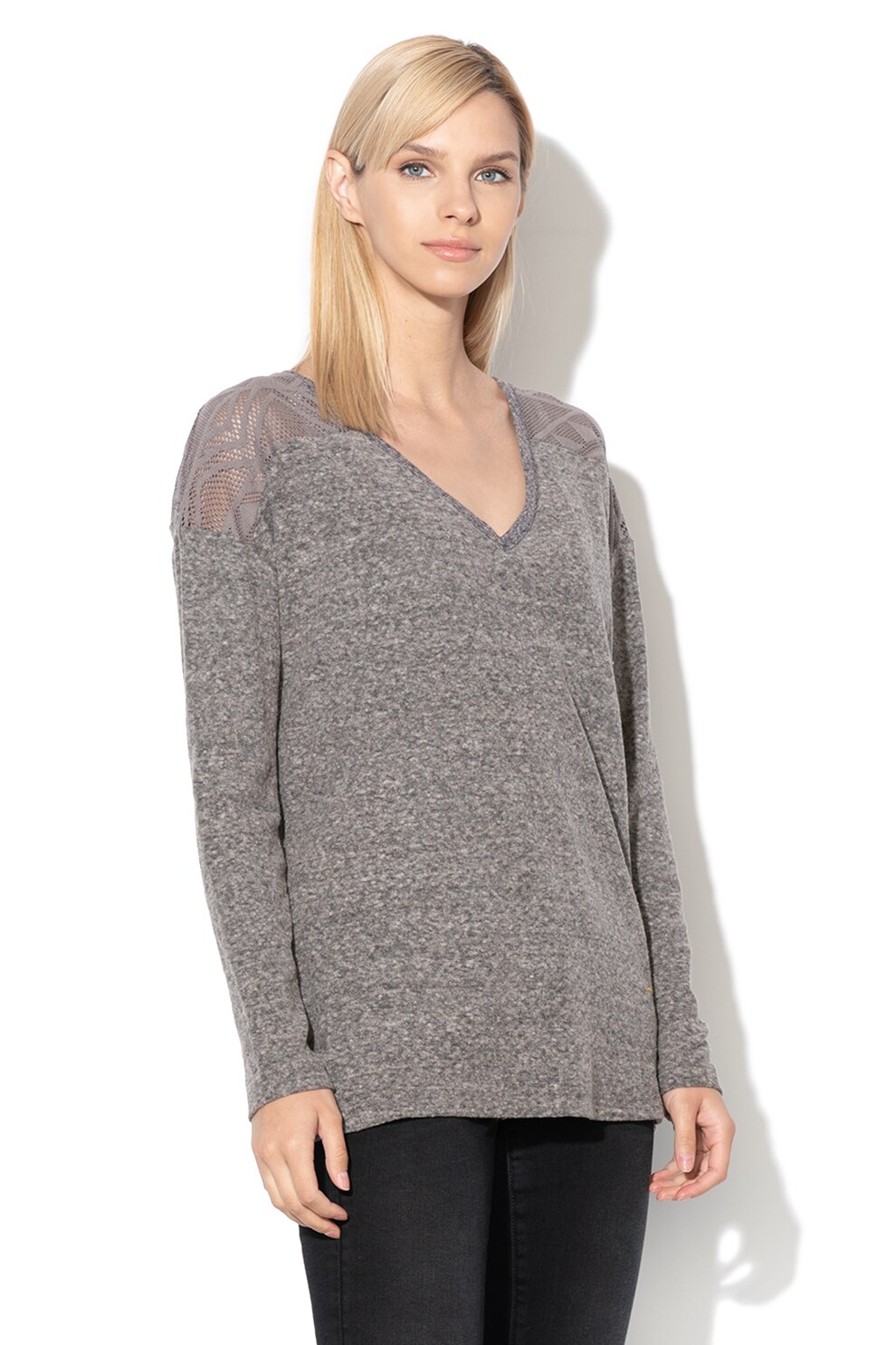 ROXY, Bluza cu decolteu in V si insertii de dantela You Gotta Be, Gri inchis, S