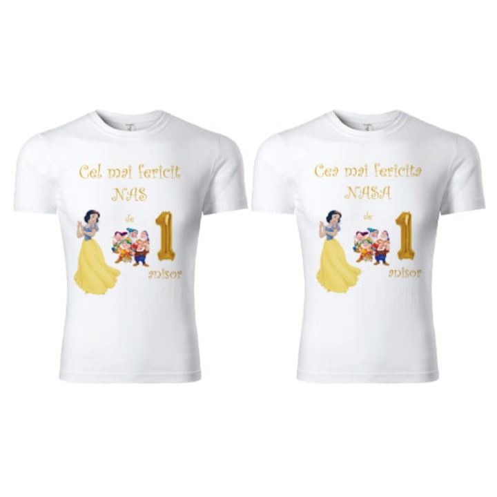 Set tricouri personalizate din bumbac - Nasi - Alba ca Zapada, Alb cu rosu, M, L