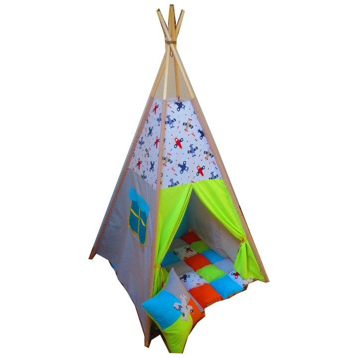 Cort TeePee Avion, saltea de joaca pufoasa, pernuta avion, Multicolor, 100*100*130 cm