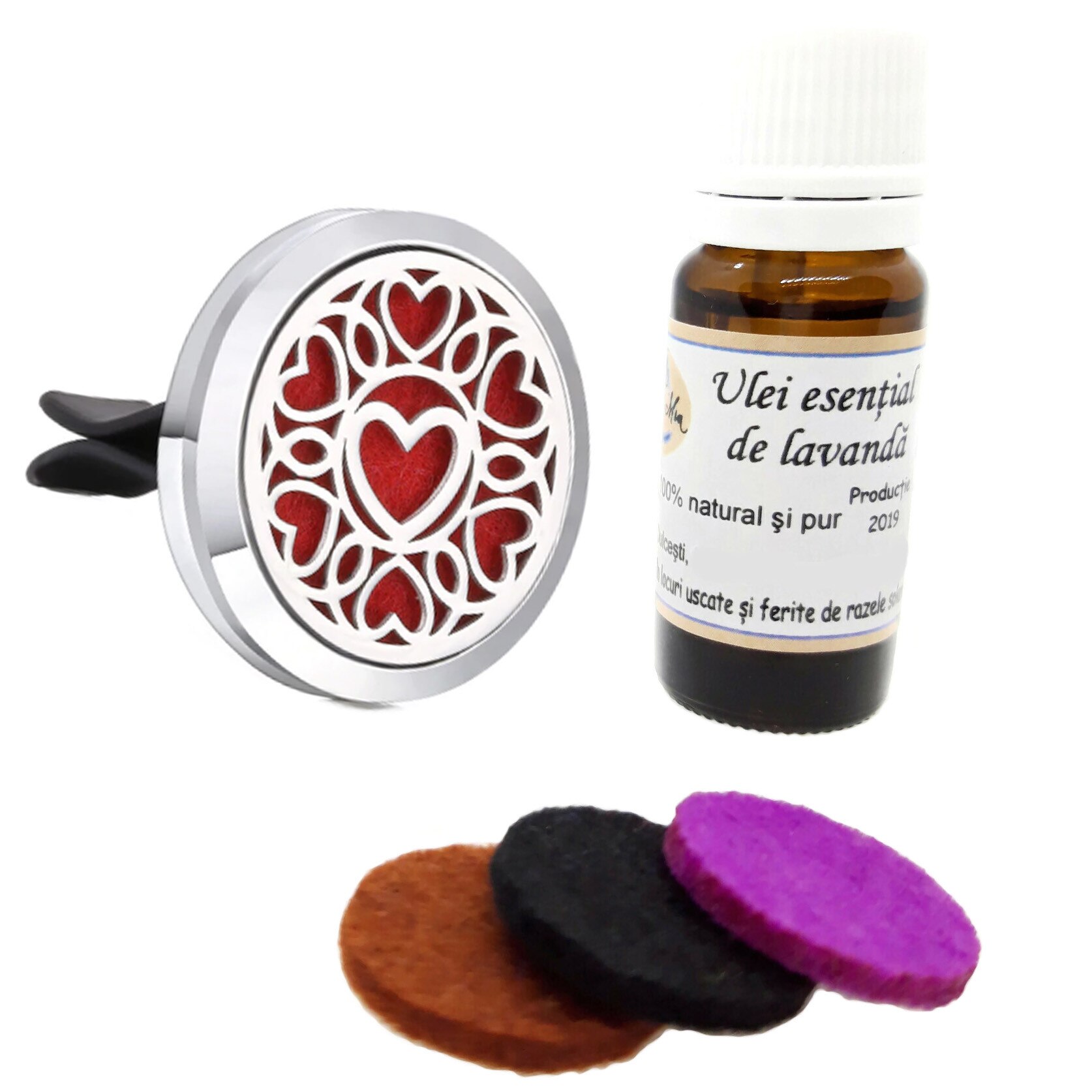 Difuzor aromaterapie auto magnetic cu ulei esential de lavanda 100% pur productie Romania-model hearts