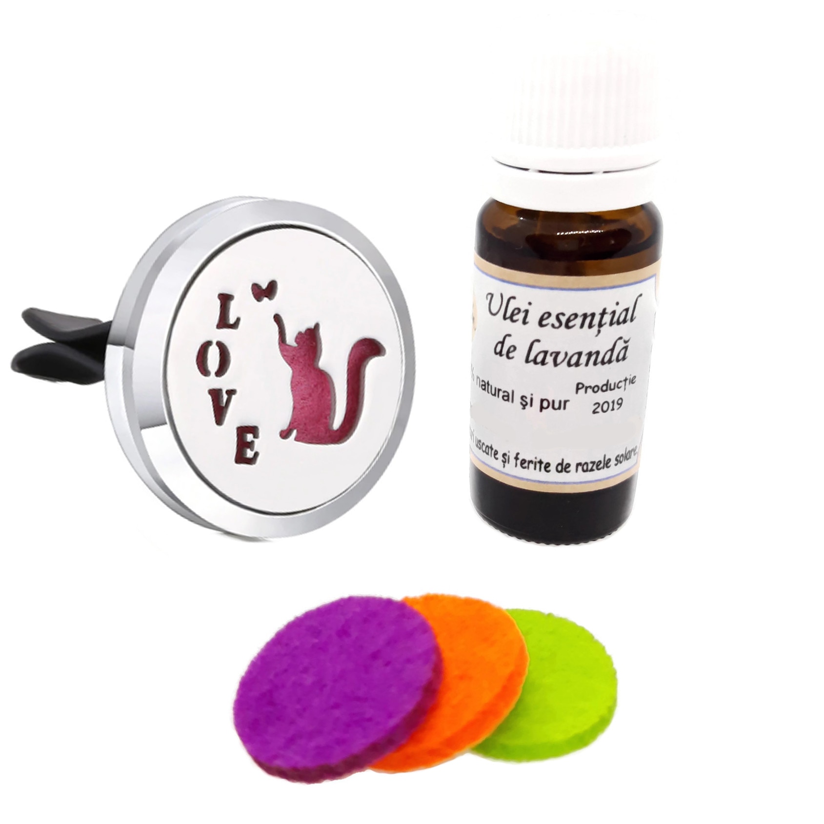 Difuzor aromaterapie auto magnetic cu ulei esential de lavanda 100% pur productie Romania-model kitty love