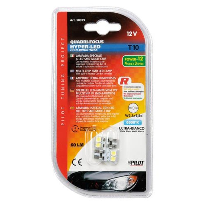 Lampa 12V T10 4 SMD, fehér színű, pár (Can-Bus)