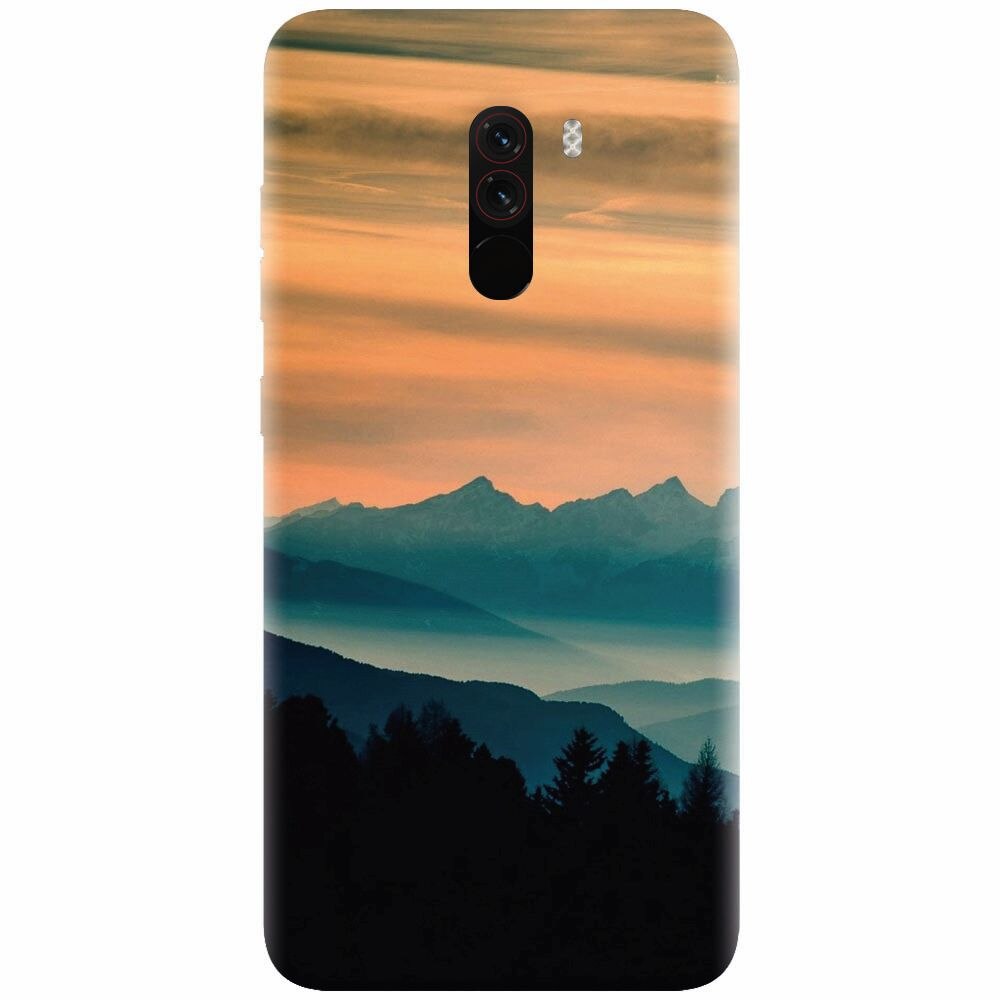 Husa silicon pentru Xiaomi Pocophone F1, Blue Mountains Orange Clouds Sunset Landscape
