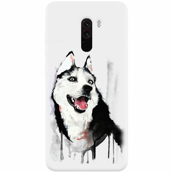 Husa silicon pentru Xiaomi Pocophone F1, Husky Dog Watercolor Illustration Husa silicon pentru Xiaomi Pocophone F1, Husky Dog Watercolor Illustration