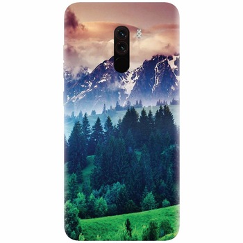 Husa silicon pentru Xiaomi Pocophone F1, Forest Hills Snowy Mountains And Sunset Clouds Husa silicon pentru Xiaomi Pocophone F1, Forest Hills Snowy Mountains And Sunset Clouds