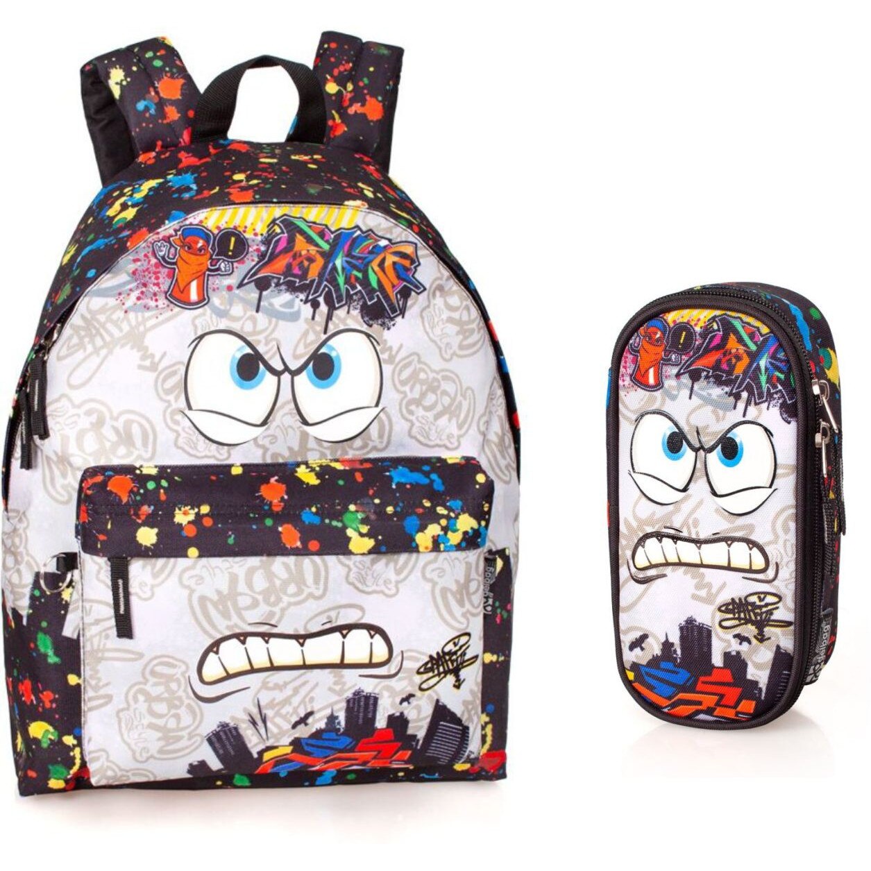 Set scoala Grafitti - Ghiozdan + Penar etui rotund + 20 caiete herlitz A5 48 file