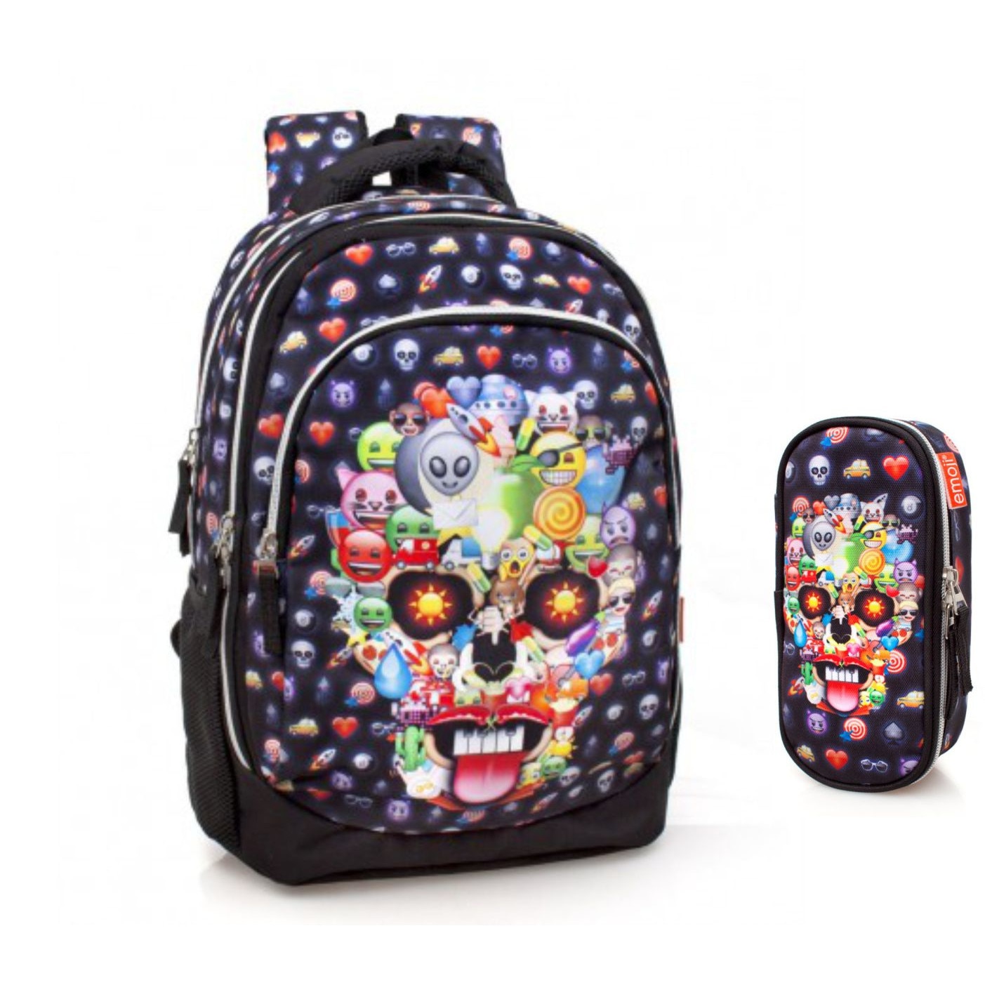 Set scoala Emoji Skull - Ghiozdan + Penar etui rotund + 20 caiete herlitz A5 48 file