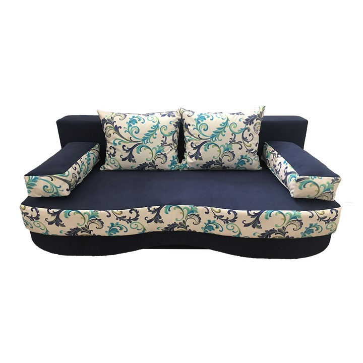 Canapea fixa Roxy, MobAmbient, Albastru, material textil, 2 perne si 2 cotiere incluse, 200 x 100 cm