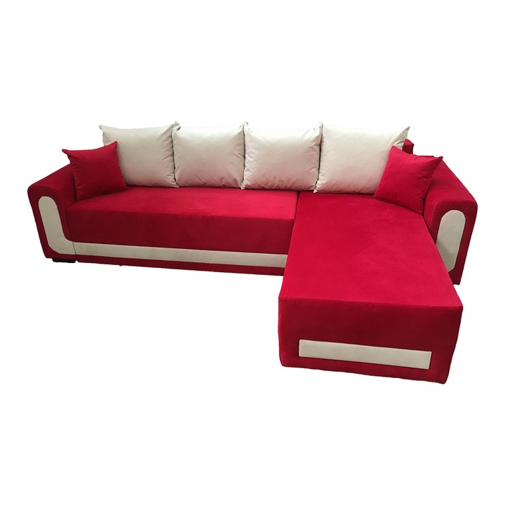 Coltar extensibil Eva, MobAmbient, Rosu alb, material textil, extensie 140 cm din plasa de arcuri tip relaxa, 1 lada de depozitare, 4 perne mari si 2 perne mici incluse, 290 x 180 cm