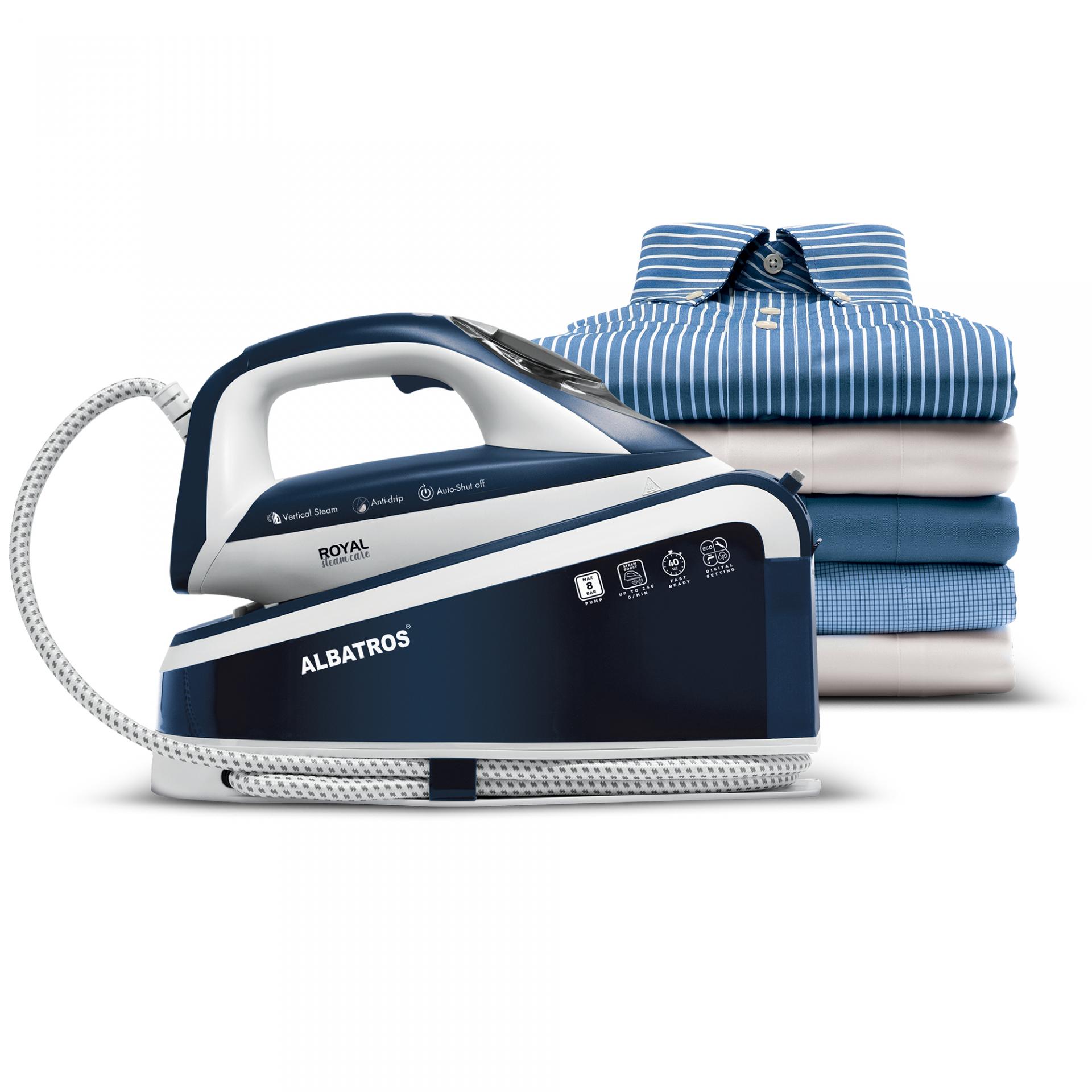 Statie de calcat Albatros Royal Steam Care Blue, 3000 W, 8 bar, 1.5 l, Alb/Albastru