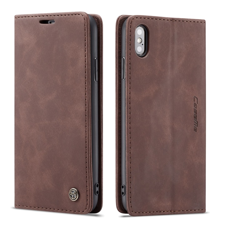Husa pentru iPhone X, XS, CaseMe, slim piele, tip portofel, stand, inchidere magnetica, textura catifelata, culoare Maro Coffee