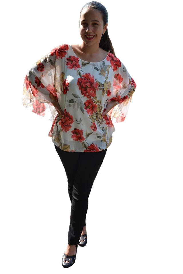 Bluza casual Vlvien cu imprimeu big-rose, D&J Exclussive, Alb/Rosu