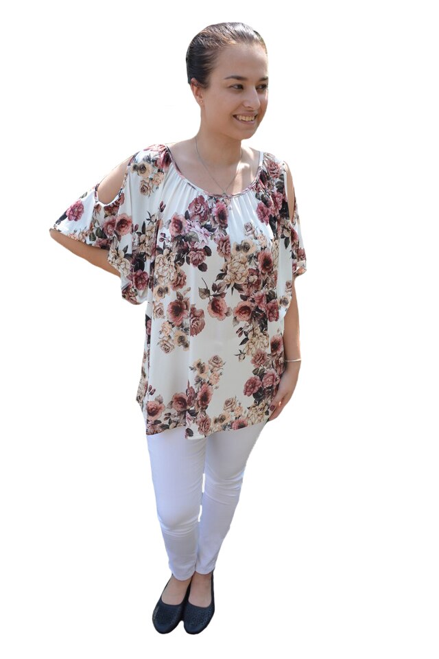Bluza lejera Mira cu imprimeu floral mini-rose si decupaj, D&J Exclussive, Alb/Bej