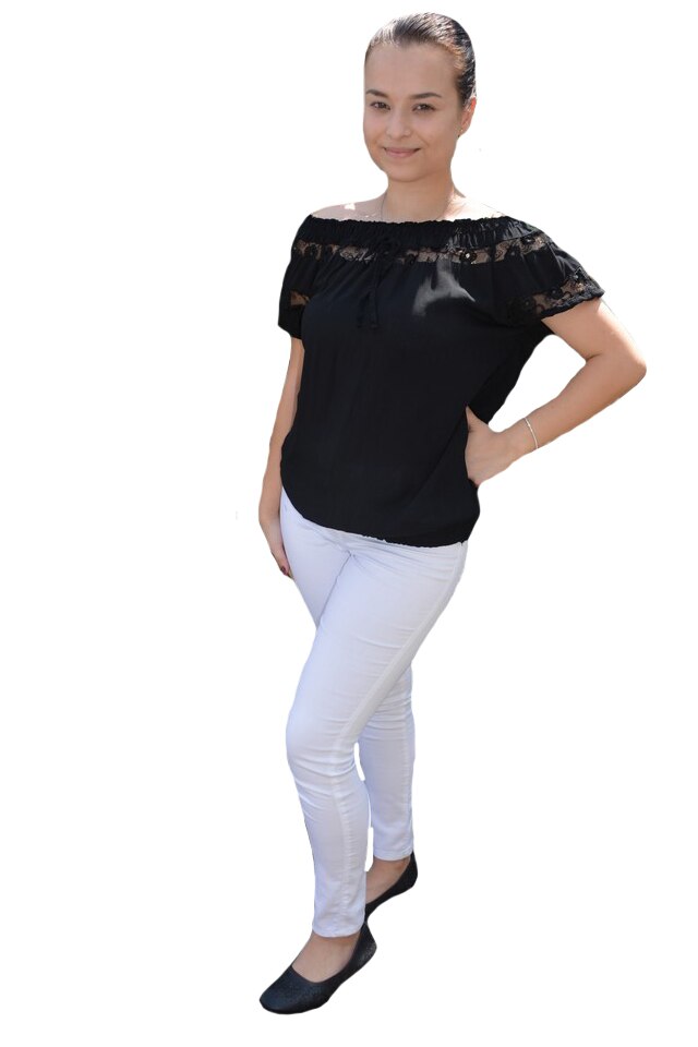 Bluza Lency cu dantela si elastic la umeri, D&J Exclussive, D&J Exclussive, Negru