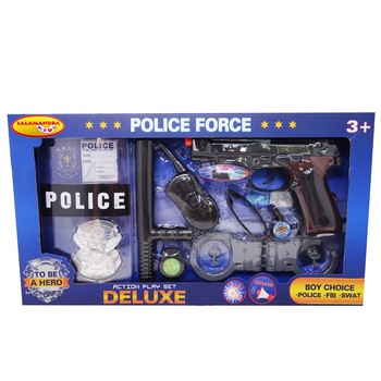 Set Politie SWAT cu Pistol, Baston, Insigna, Legitimatie, Statie, Catuse, Fluier, Ceas, 10 Piese Set Politie SWAT cu Pistol, Baston, Insigna, Legitimatie, Statie, Catuse, Fluier, Ceas, 10 Piese