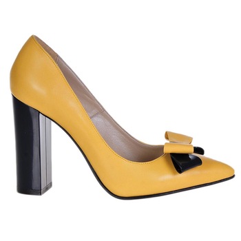 Pantofi Piele Stiletto Toc Gros, Galben Pantofi Piele Stiletto Toc Gros, Galben