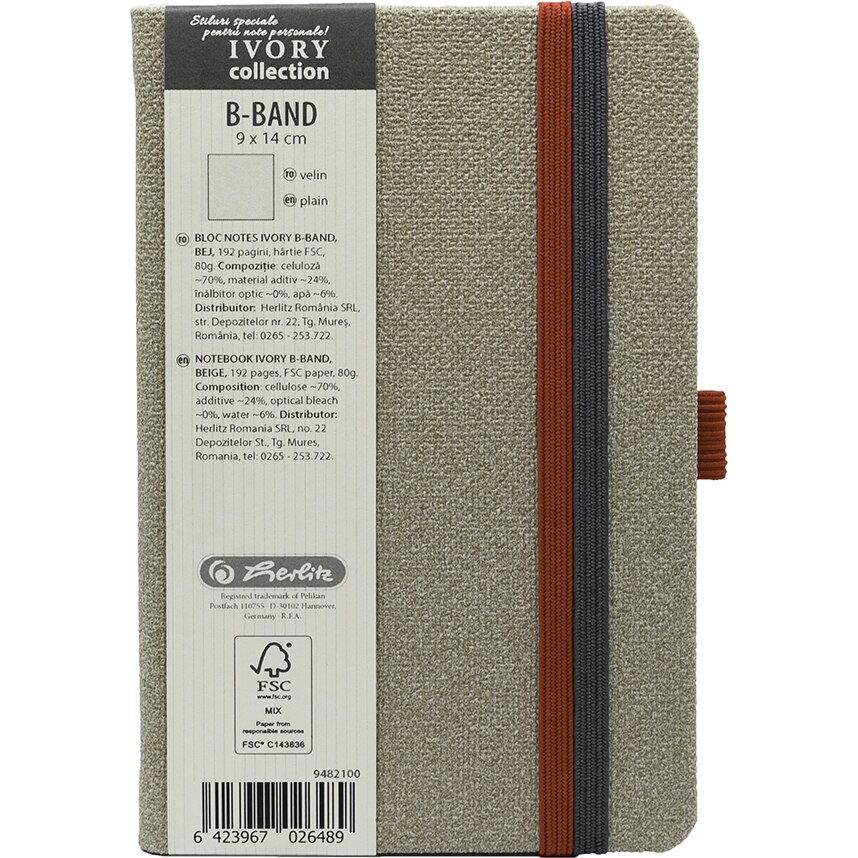 Agenda Herlitz Ivory B.Band, Format A6, 9x14 cm, 192 pagini, velin, coperta piele sintetica, bej