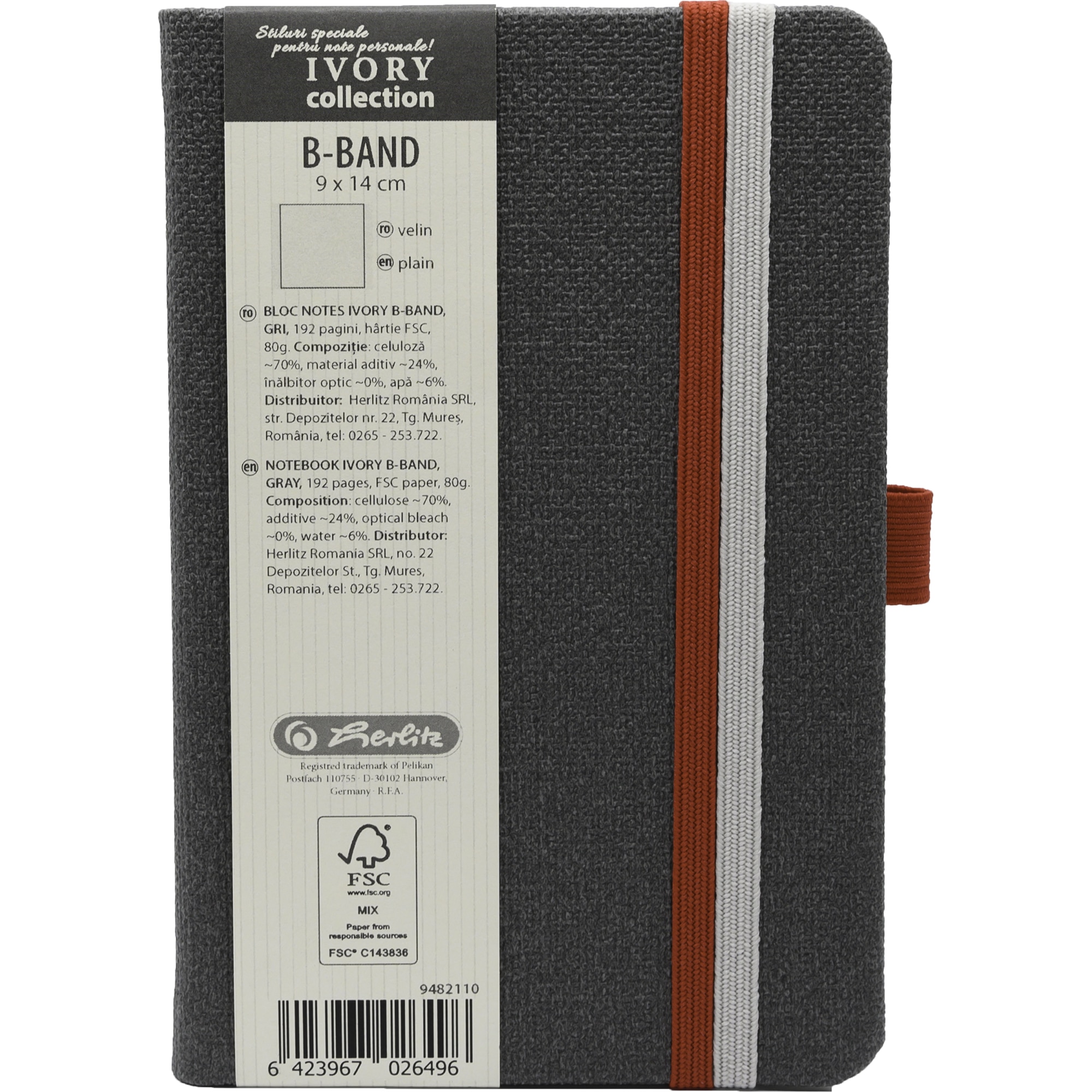 Agenda Herlitz Ivory B.Band, Format A6, 9x14 cm, 192 pagini, velin, coperta piele sintetica, gri