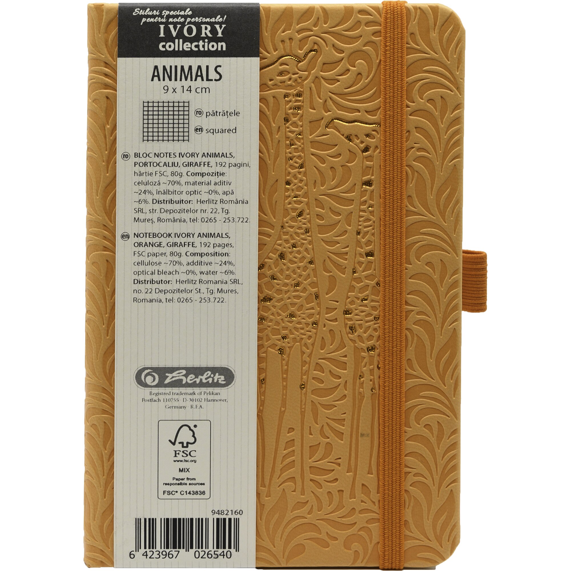 Agenda Herlitz Ivory Animals, Format A6, 9x14 cm, 192 pagini, patratele, coperta piele sintetica, Girafa, portocaliu