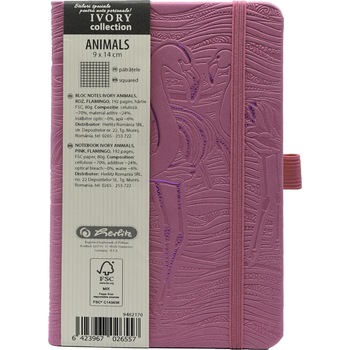 Agenda Herlitz Ivory Animals, Format A6, 9x14 cm, 192 pagini, patratele, coperta piele sintetica, Girafa, roz