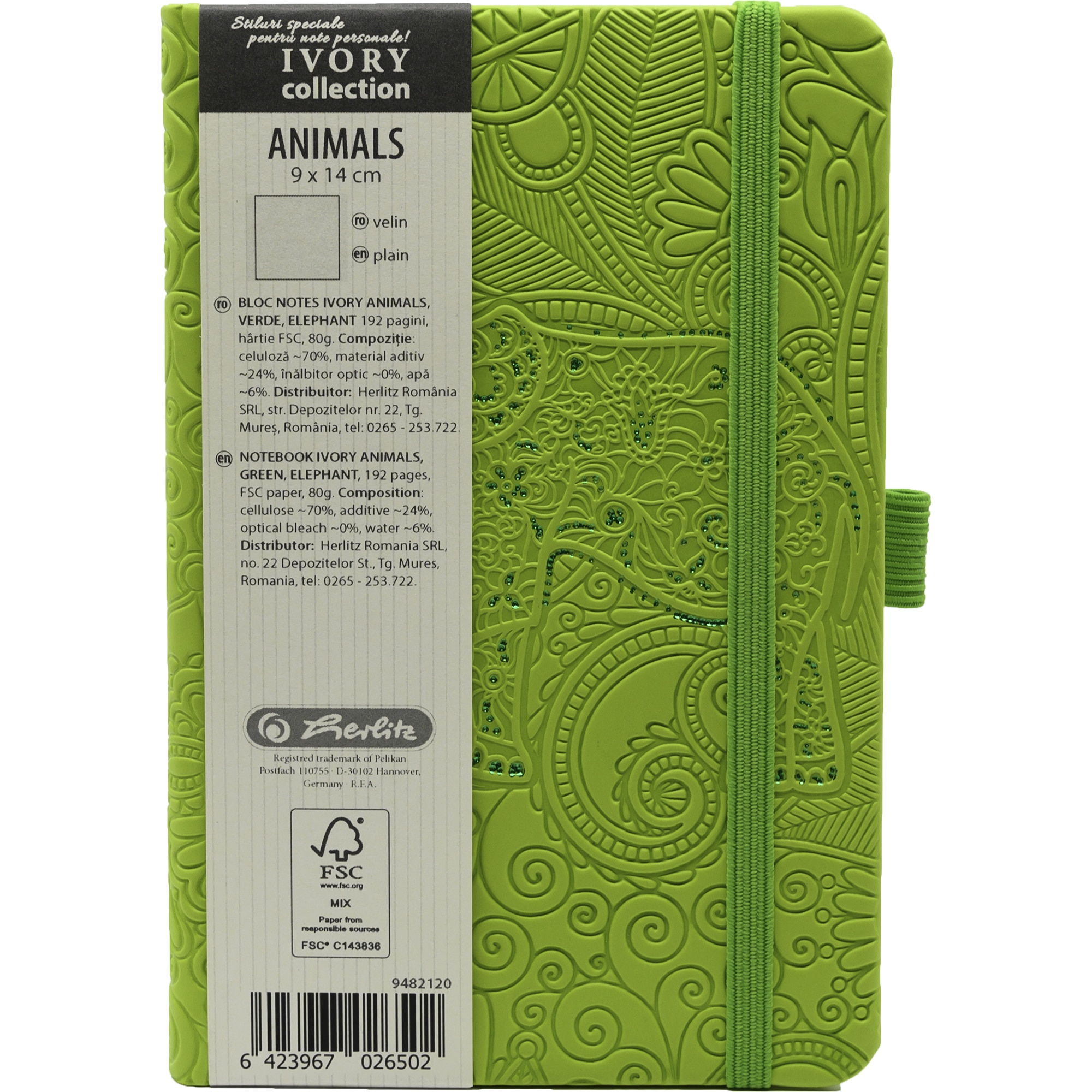 Agenda Herlitz Ivory Animals, Format A6, 9x14 cm, 192 pagini, velin, coperta piele sintetica, Elefant, verde