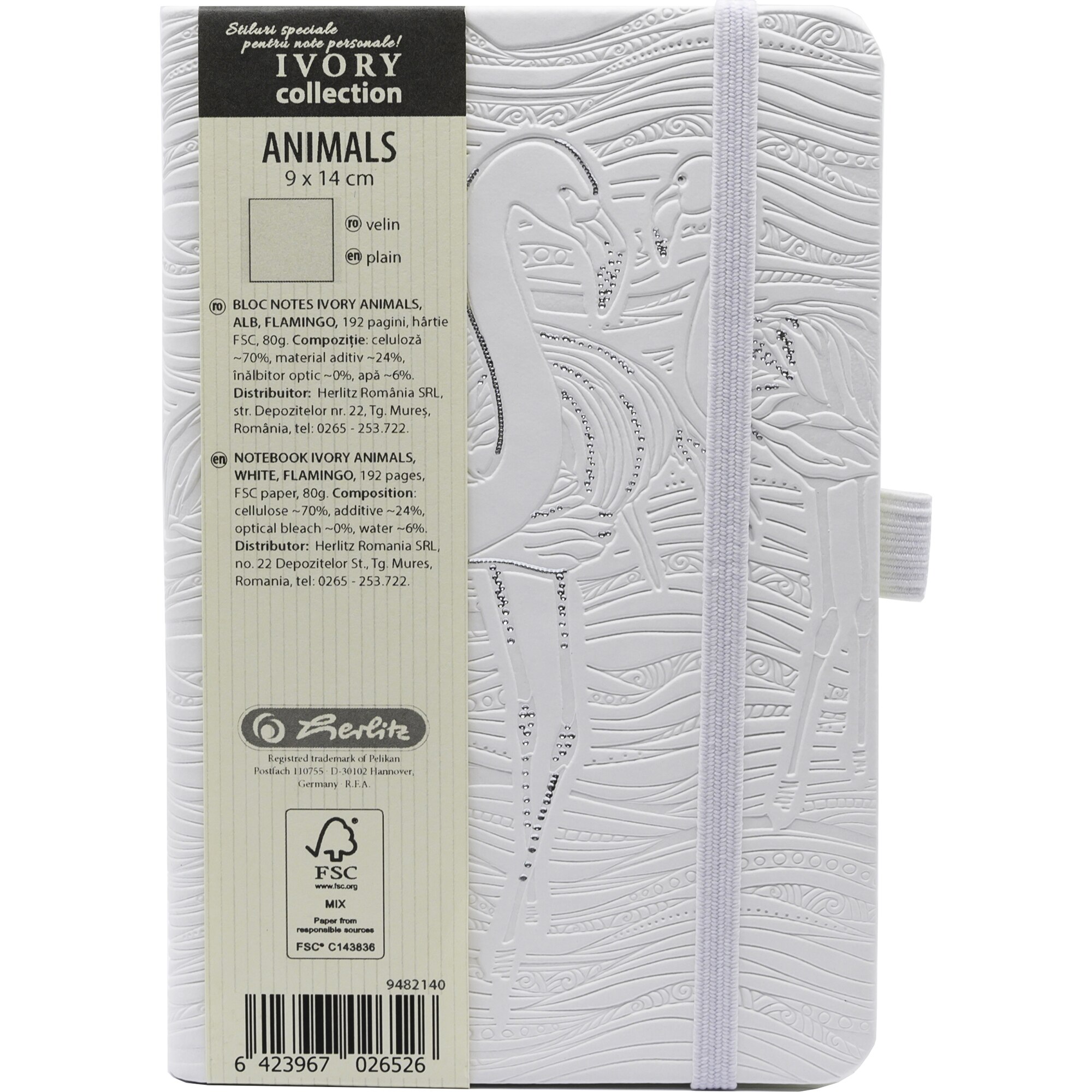 Agenda Herlitz Ivory Animals, Format A6, 9x14 cm, 192 pagini, velin, coperta piele sintetica, Flamingo, alb