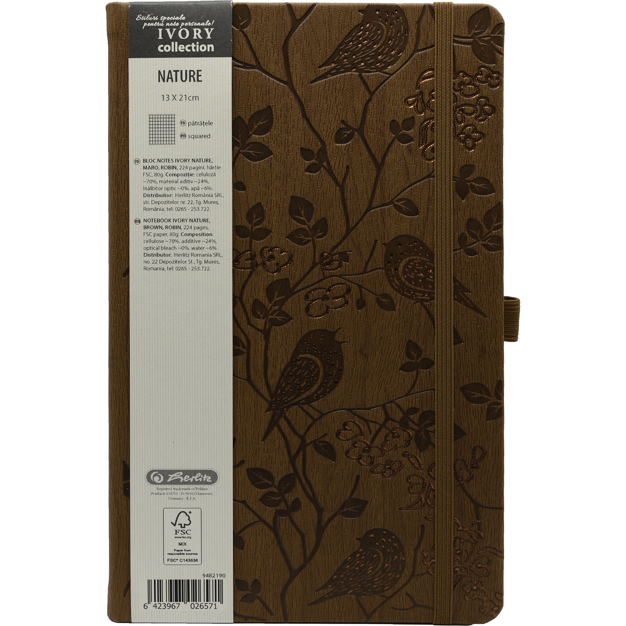 Agenda Herlitz Ivory Nature, Format A5, 13x21 cm, 224 pagini, patratele, Robin, maro