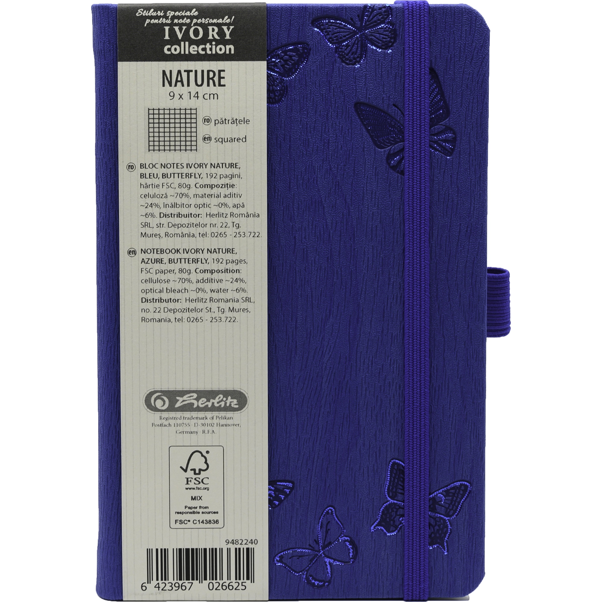 Agenda Herlitz Ivory Nature, Format A6, 9x14 cm, 192 pagini, patratele, coperta piele sintetica, Fluturi, albastru