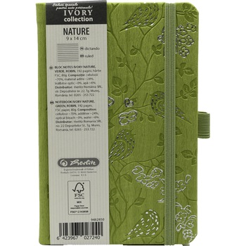 Agenda Herlitz Ivory Nature, Format A6, 9x14 cm, 192 file, dictando, coperta piele sintetica, Robin, verde Agenda Herlitz Ivory Nature, Format A6, 9x14 cm, 192 file, dictando, coperta piele sintetica, Robin, verde