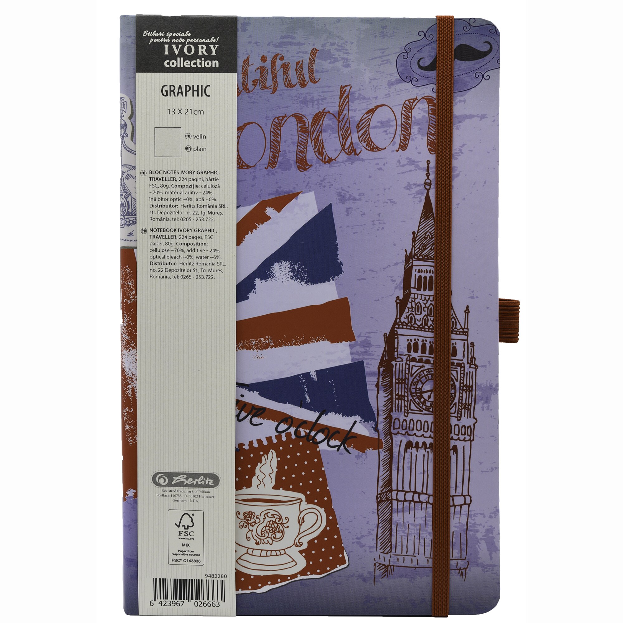 Agenda Herlitz Ivory Graphic, Format A5, 13x21 cm, 224 pagini, velin, Traveller