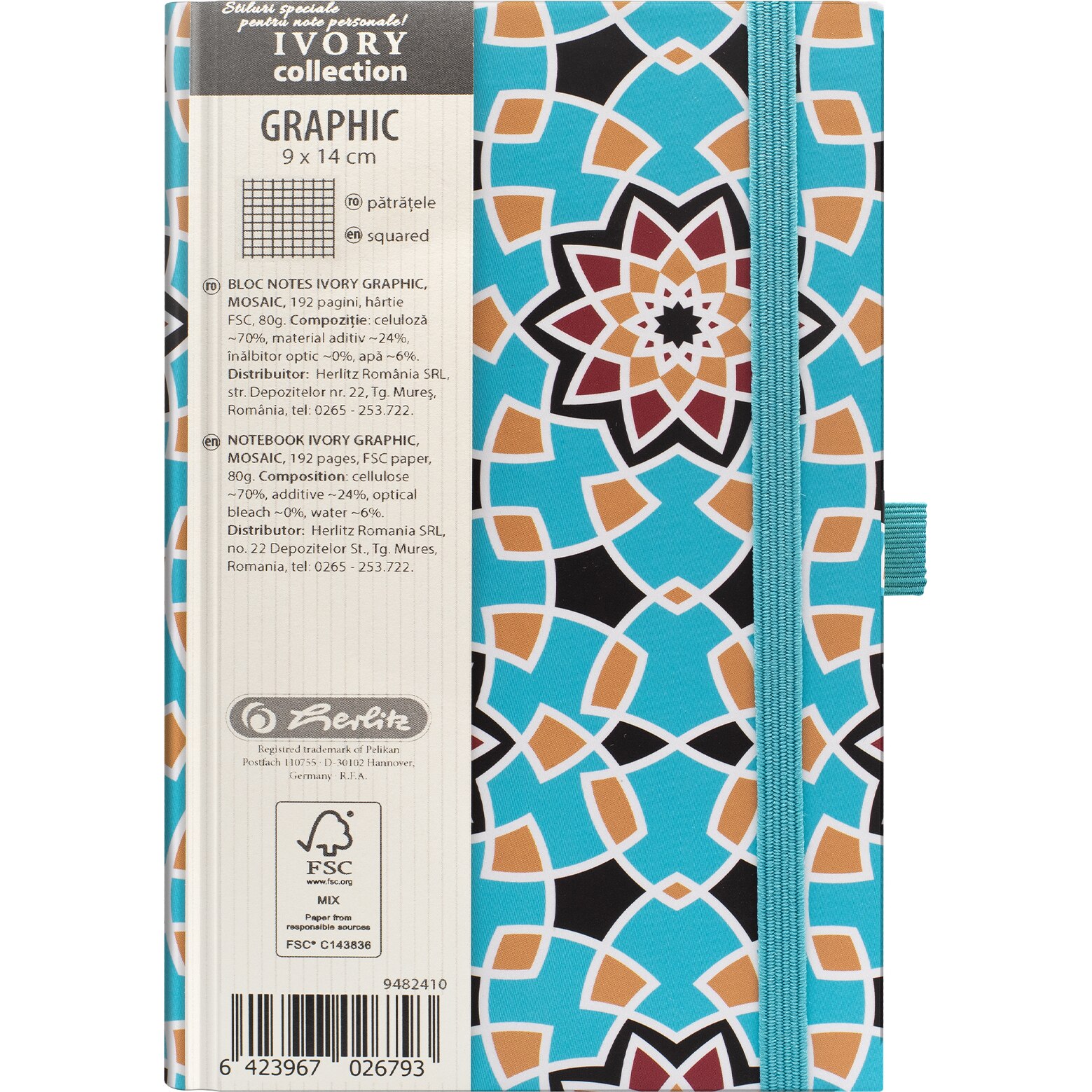 Agenda Herlitz Ivory Graphic, Format A6, 9x14 cm, 192 pagini, patratele, Mosaic