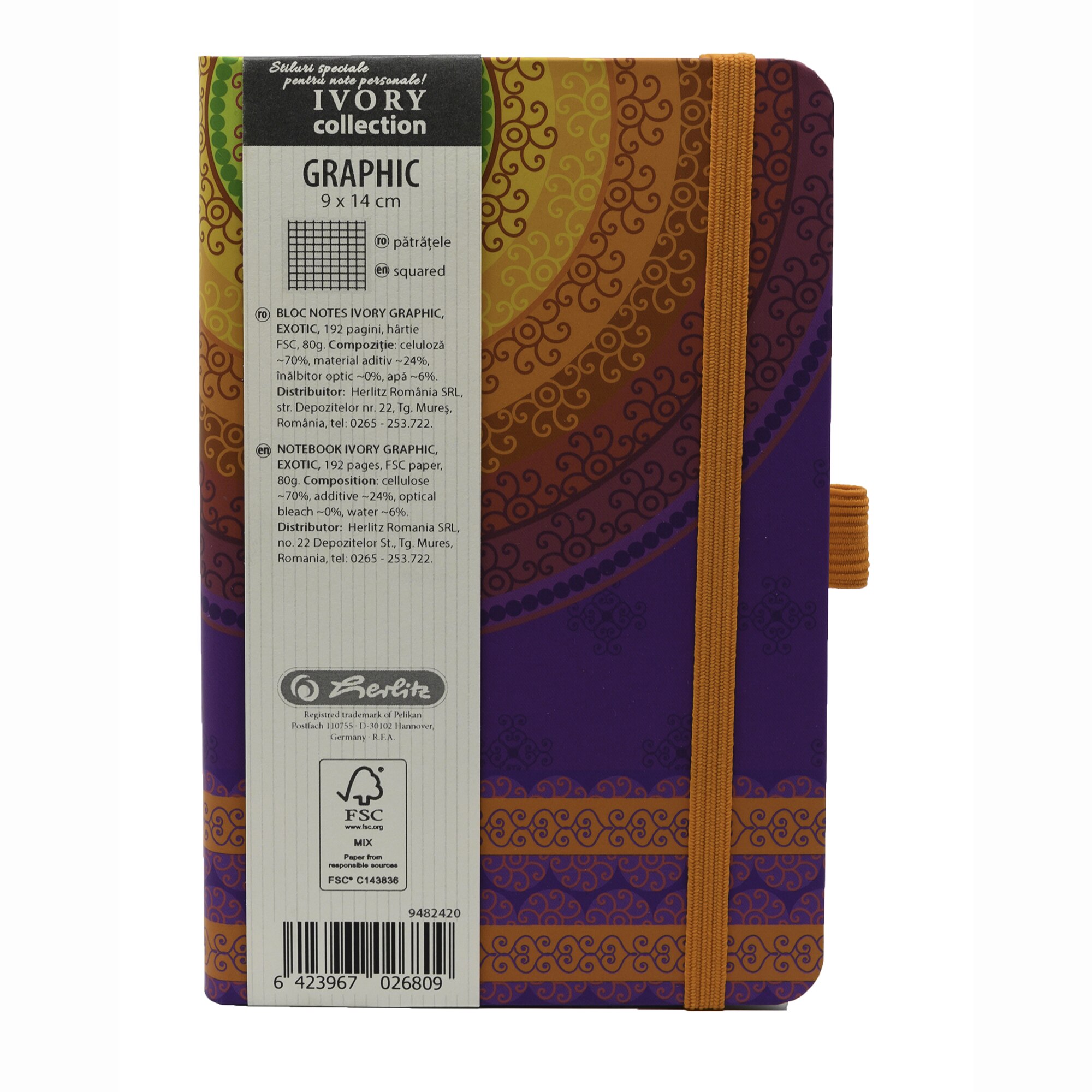 Agenda Herlitz Ivory Graphic, Format A6, 9x14 cm, 192 pagini, patratele, Exotic