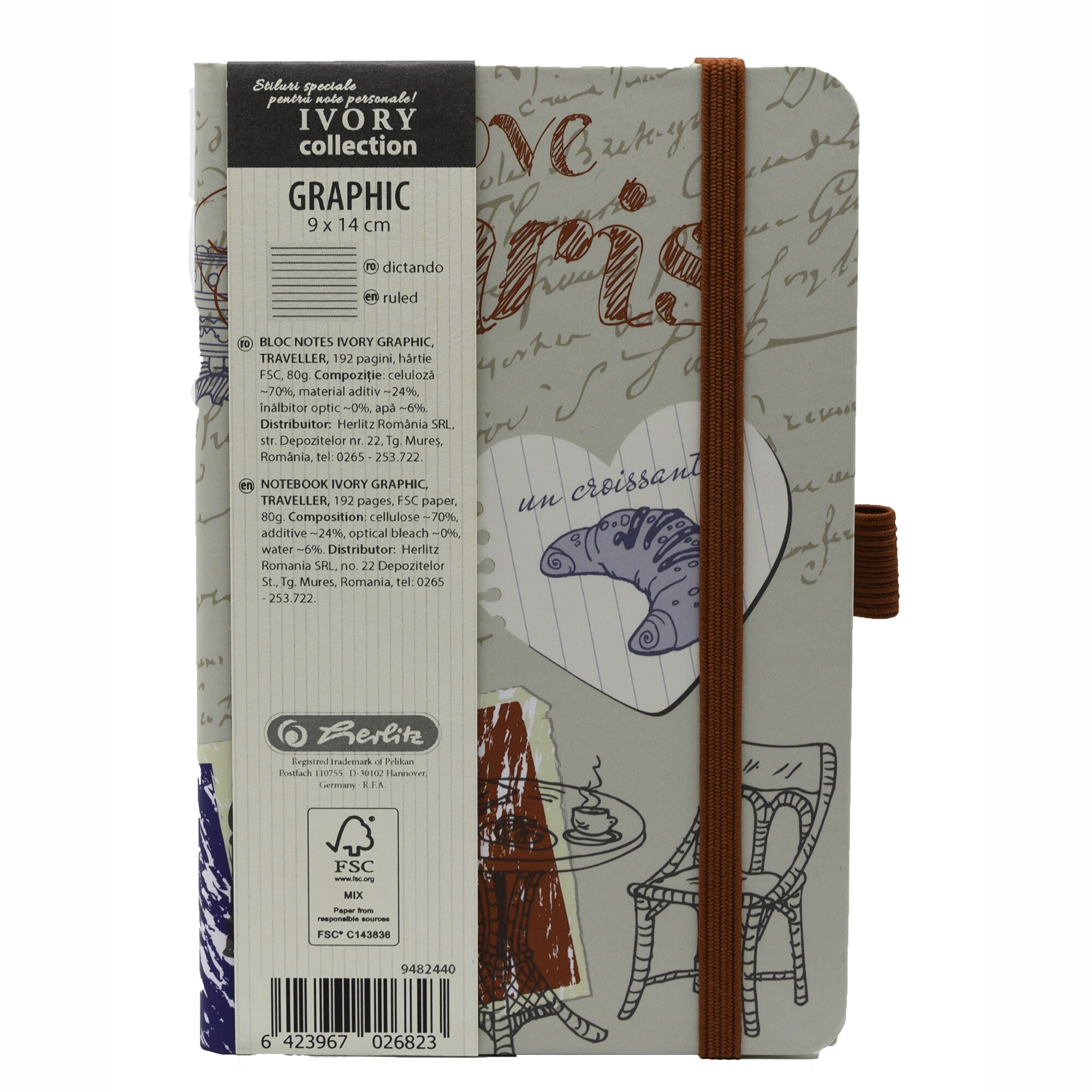 Agenda Herlitz Ivory Graphic, Format A6, 9x14 cm, 192 pagini, dictando, Traveller