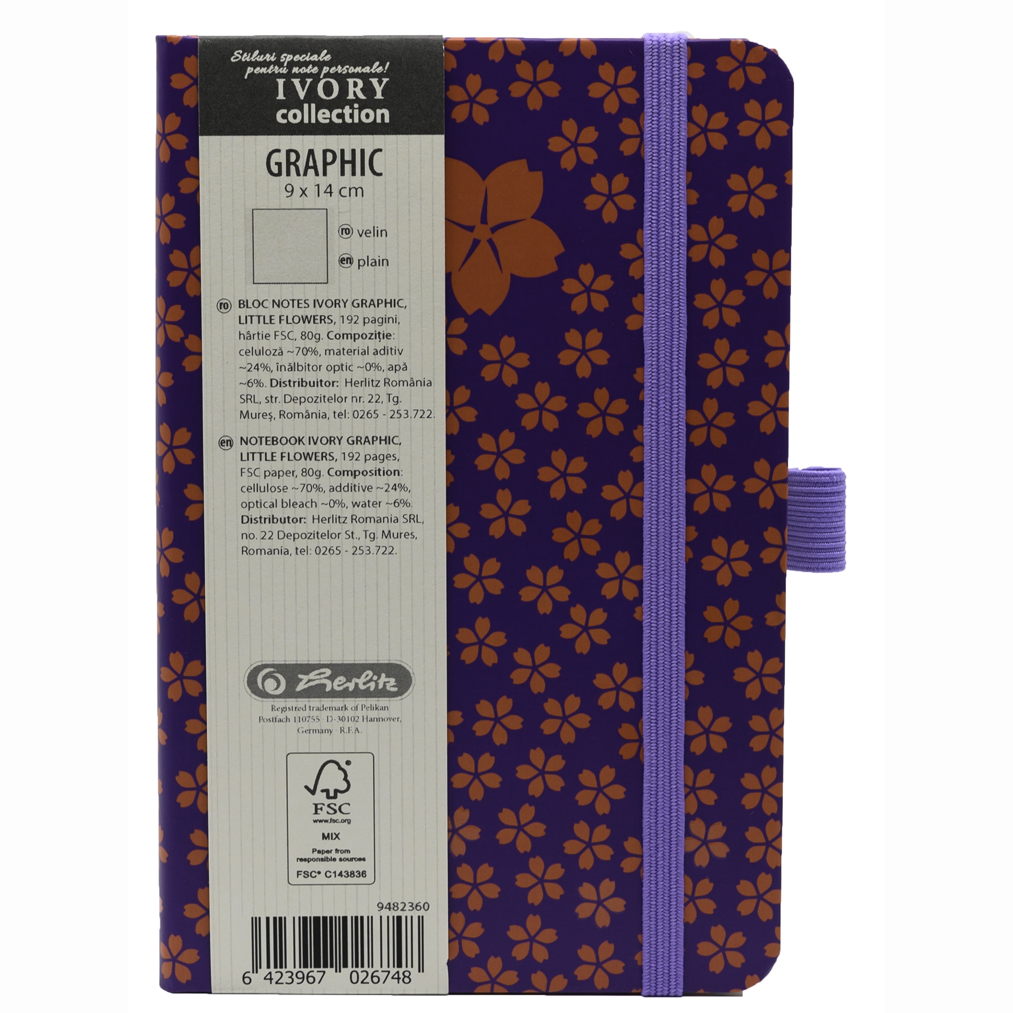 Agenda Herlitz Ivory Graphic, Format A6, 9x14 cm, 192 pagini, velin, Floricele