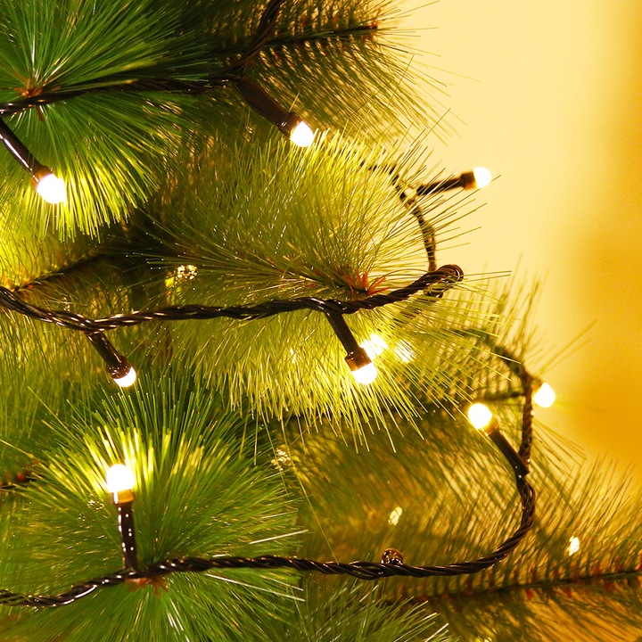 Instalatie de Craciun Flippy® Tip Liniara, Fir Negru, 9 m, 100 LED-uri Mari Rotunde, Interconectabila, Alb Cald