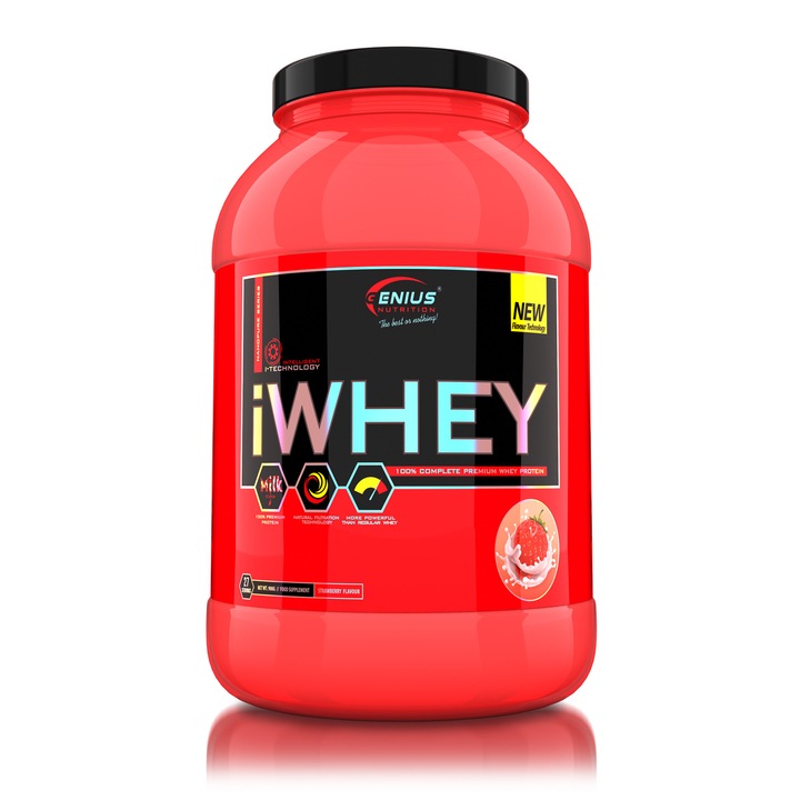 Proteina din zer Genius Nutrition iWhey, Pudra proteica pentru cresterea masei musculare cu aroma de Capsuni, 900 g