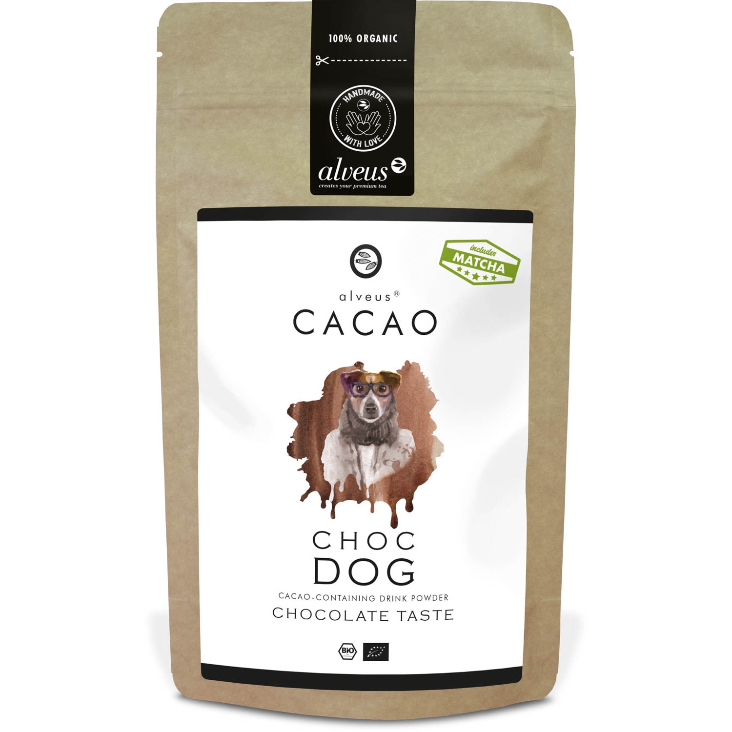 Cacao BIO Choc Dog,cu pudra de Matcha, 125 g