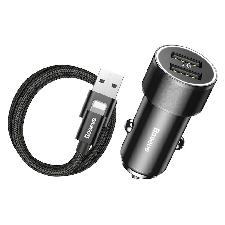 Autós töltő Baseus Small Screw 2xUSB + USB Lightning kábel / 3.4A, fekete