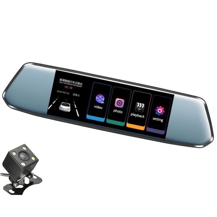 Двойна виедо камера за автомобил тип Огледало L809 DVR Techstar® 7" 5MP 170 Градуса FullHD 1080P, TouchScreen
