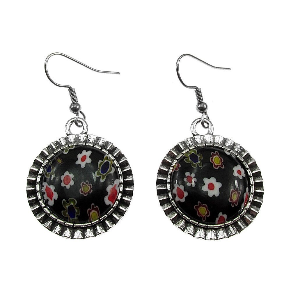 Cercei aliaj Millefiori negru/mix, GlamBazaar, 4.5 cm x 1.8 cm, cu Sticla de Murano, Multicolor, tip cercei handmade cu tortite inox si pietre naturale