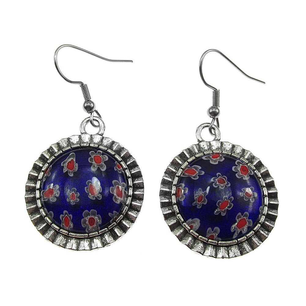 Cercei aliaj Millefiori albastru, GlamBazaar, 4.5 cm x 1.8 cm, cu Sticla de Murano, Albastru, tip cercei handmade cu tortite inox si pietre naturale