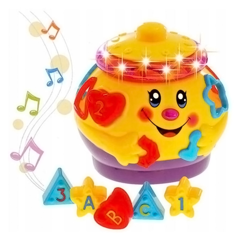 Jucarie interactiva si educativa care danseaza si canta, MUSIC POT, cu sortator, 6 forme incluse in set, culori vii, multicolor