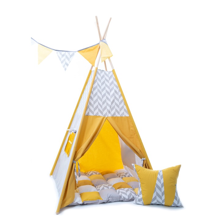 Cort TeePee Elefantel Galben, 4 piese, saltea de joaca pufoasa, pernuta decor, sirag stegulete, Galben/gri, 100*100*130 cm