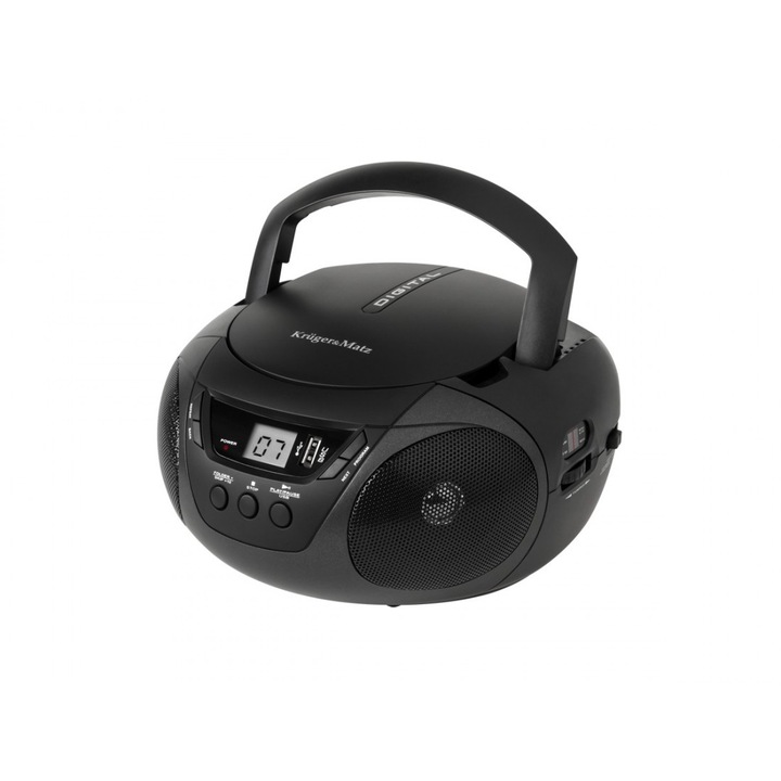 Kruger&Matz professzionális rádiós CD lejátszó, LCD képernyő, USB 2.0 port, SD kártya nyílás, AUX bemenet, Jack 3,5 mm, összecsukható fogantyú, fekete szín